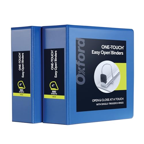 Oxford 3 Ring Binders, Durable Binders for School and Office, 4 Inch, ONE-Touch Easy Open D Rings, View Binder Covers, 4 Interior Pockets, PVC-Free, Holds 880 Sheets, Blue, 2 Pack (79922)
