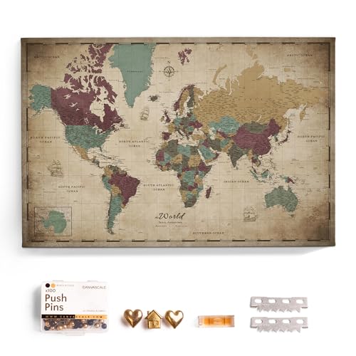 Canvas World Map with Cork Pin Board - English Lettering - Decorative Wall Decoration for All Rooms - Canvas Pictures with World Map Motif (90x60 cm, Pattern 12)