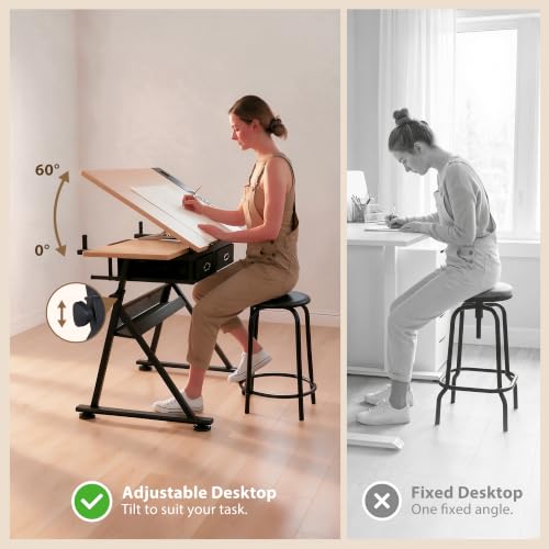 Nouva Drafting Drawing Craft Table - Height Adjustabe Drafting Desk Artist Desk Tilting Tabletop w/Stool, 2 Storage Drawers for Art, Drafting, and Creative Task,Natural