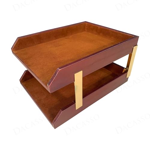 Dacasso Mocha Leather Front-Load Double Letter Tray Set w/Gold Stacking Posts - Luxury Executive Decor and Office Essential - Desk Surface Protector