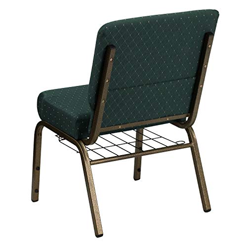 Flash Furniture HERCULES Series 21''W Church Chair in Hunter Green Dot Patterned Fabric with Book Rack - Gold Vein Frame