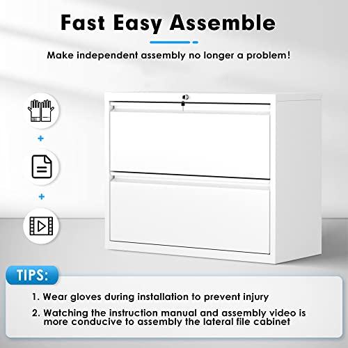 Pataku Lateral File Cabinet, 2 Drawer File Cabinet with Lock, White Filing Cabinets for Home Office, Metal File Cabinet for Hanging Files/Letters/Legal/A4(2Drawer/White)