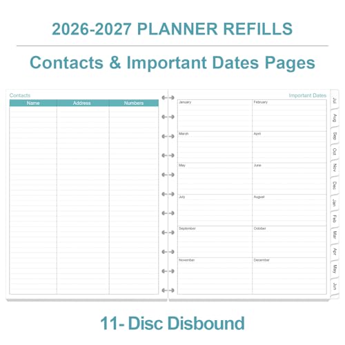 2026-2027 Planner Refills, 11-Disc Discbound One Page Per Day, Daily ＆ Monthly Planner Refill from July 2026 - June 2027, Letter Size, 8.5" x 11"