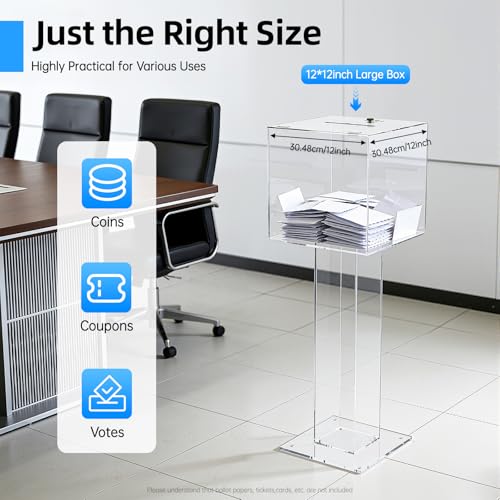 fagauhds Acrylic Ballot Box with Lock, Clear Voting Box Donation Box for Fundraising, Secure Container for School Party, Transparent 30.5x30.5x86.87cm