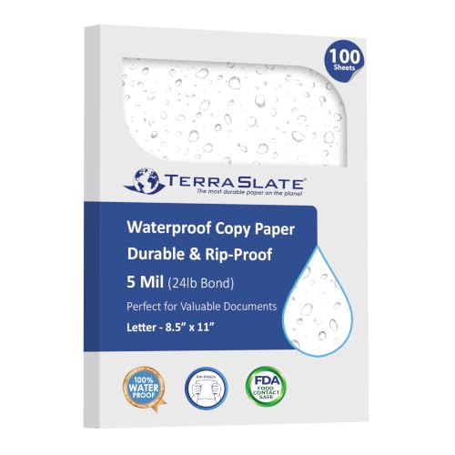 TerraSlate Premium Waterproof Paper, 5 Mil 8.5” x 11”, Laser Printer & Copy Machine Compatible, Durable & Rain/Weather-Proof Copy Paper, White Paper (100 Sheets)