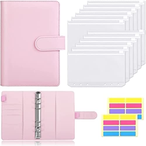 QERTYHKK A6 PU Leather Binder Budget Cash Envelopes System Planner Organizer with 12pcs Clear Zipper Pockets and Label Stickers
