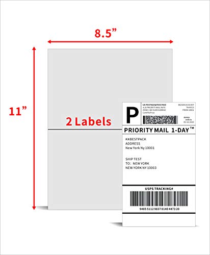 KKBESTPACK Half Sheet Shipping Labels for Laser and Inkjet Printers – 2 Per Page Self Adhesive Mailing Labels for Packages – White 8.5 x 5.5 Postage Labels for Shipping Boxes (2000 Labels) (KK2LP)