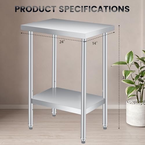Stainless Steel Prep Table 24 x 14 inch, Heavy Duty Commercial Kitchen Table with Storage Shelf, Food Prep Worktable for Outdoor Use, Rust-Resistant & Easy to Clean, for Restaurants, Hotels, Workshops