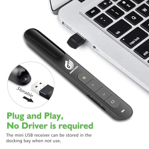 AMERTEER Wireless Presentation clicker for Powerpoint Presentations, Green Light Rechargeable Powerpoint Clicker with Laser Pointer Support Hyperlink RF 2.4GHz (1 PCS)