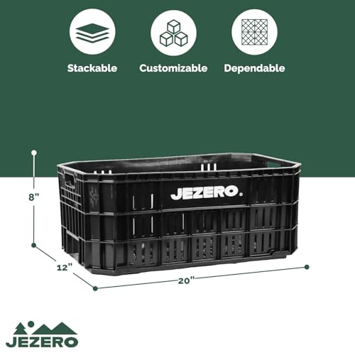JEZERO Heavy-Duty Plastic Utility Tote | Reinforced Storage Crate for Heavy Loads | Durable & Reusable | 20" x 12" x 8", Black, 6-Pack
