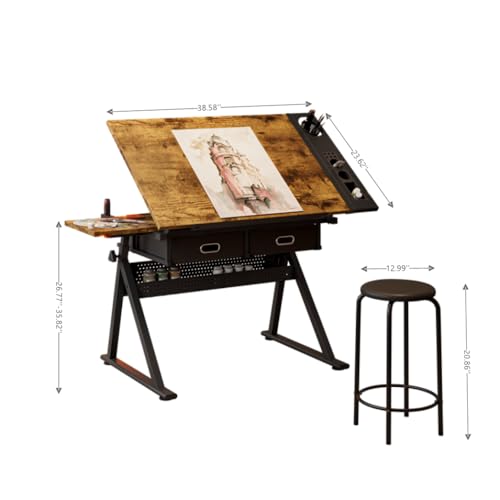 WizSeq Adjustable Height Drafting Table with Stool, Tilting Art Desk 0–75° with 2 Drawers and Storage Rack for Home Office and Studio (New Rustic Brown)