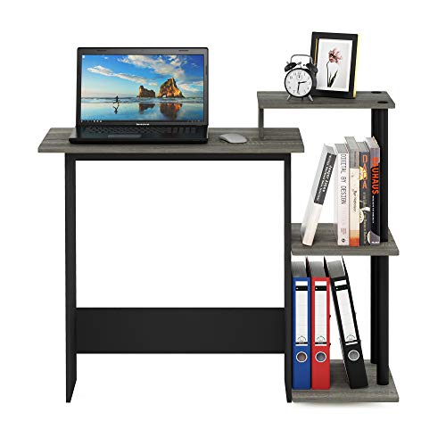 Furinno Efficient 29-Inch Grey Computer Desk with Side Shelves, Gaming Desk with 3 Open Shelves, Home Office Desk, for Home Office, Study Room, Dorm, Bedroom, Grey Oak/Black