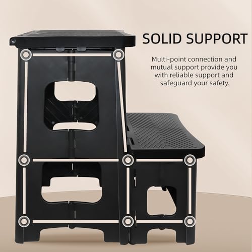 Adult Step Stool Folding 2-Step Stool, Non-Slip Portable Footstool ， Holds 300 Lbs, Portable Footstool For Kitchen Home Toilet Bedroom Office Bathroom RV(Black)