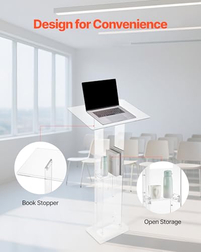 VEVOR Acrylic Podium, 47" Acrylic Podium Stand with Wide Reading Surface & Storage Shelf, Floor-Standing Clear Pulpits Acrylic for Church Office School, Black