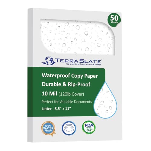 TerraSlate Premium Rain/Weather/Waterproof Paper, 10 Mil 8.5 x 11 Inches, White, Durable Printer Paper (50 Sheets)