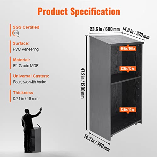 VEVOR Podium Stand, 47-inch Mobile Lectern with 4 Casters, Wooden Presentation Stand with Shelves, Angled Top, for Church, Office, School, Home Use, Black