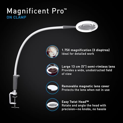 Daylight Magnificent Pro™ LED Magnifying Lamp with Clamp – 2-in-1 Task Light & Magnifier, 5,500 Lux at 6", 5" 1.75X Lens, 3 Brightness Levels, Flexible 26" Arm, 95+ CRI, Easy Twist Head – White/Grey