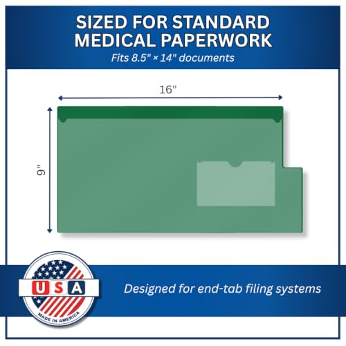 Doctor Stuff - Short Tab Vinyl Outguides, Full Front Pocket, Bottom Charge Out Slip Pocket, Plastic File Folder, Legal Size 9" x 16", Green, 50/Box