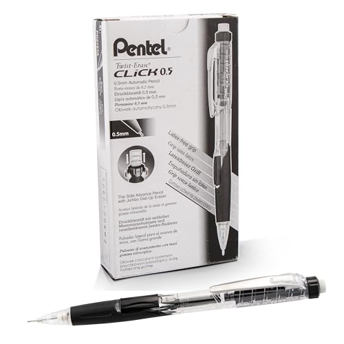 Pentel Twist Erase CLICK Mechanical Pencil, Pack of 12, (0.5mm), Clear Barrel, Black Grip, Box of 12 (PD275TA)