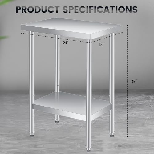 SunnyFurn Heavy Duty 201 Stainless Steel Outdoor Side Table – Double Layer Prep Surface – Adjustable Undershelf – Rust-Resistant, Easy to Clean – 12x24x35in, Double Layer Without Wheels