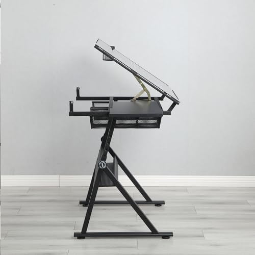 Ufyerutg Glass Drafting Table with Stool, Height Adjustable Drawing Table Art Craft Desk with Storage and Tilted Tabletop for Office School,Artists, Architects, Black