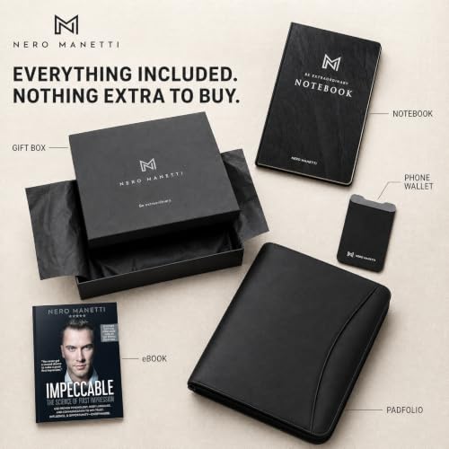 NERO MANETTI- Zippered Vegan Leather Padfolio/Portfolio Pad Holder-Business PU Leather Notepad Folder for Resumes, Interviews, iPad/Tablet, Phone, Legal Pad Notebook Executive Binder for Women, Men