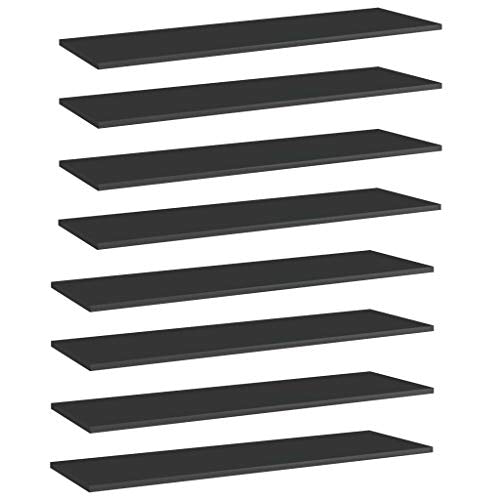 POUFGDR Bookshelf Boards 8 Pack, 39.4x11.8x0.6 Inch Engineered Wood, High Gloss Black Bookshelf Panels for Additional Storage Space