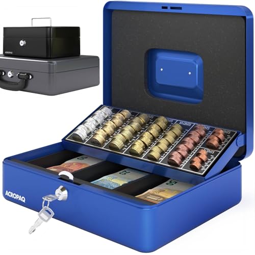 ACROPAQ 10005B Lockable Cash Box with Coin Counting Board, Large 24 x 30 x 9 cm, Lockable Box, Cash Box, Money Box Suitable for Money Storage, Blue