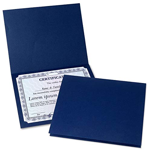 Plain Blue Certificate Folders - Pack of 50, Linen Cover 80 lb. Stock, Folded, Die-Cut Corners, for Office, Business Awards, Graduation, School Diploma Holder, 9-1/2" x 12"