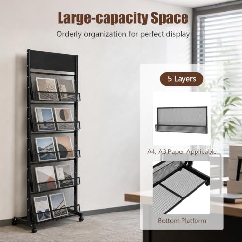 5 Tiers Freestanding Magazine Rack Iron Brochure Display Stand on Wheels