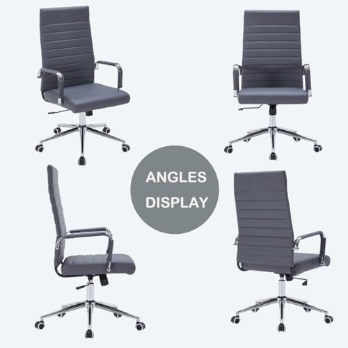 Grey Leather Ribbed Office High-Back Desk Conference Chairs with Wheels