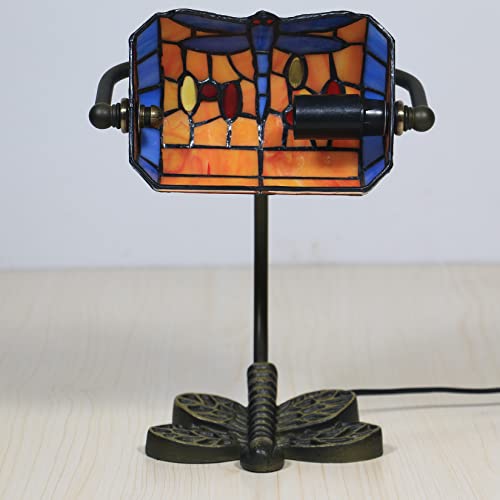 Banker Lamp Tiffany Desk Lamp Green Orange Dragonfly Stained Glass Desk Lamp, Adjustable Top Luxury Memory Piano Lamp, for Library Use