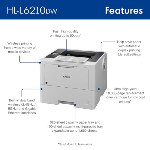 Brother HLL6210DW Business Monochrome Laser Printer with Large Paper Capacity, Wireless and Gigabit Ethernet Networking, Advanced Security Features and Mobile Printing (Renewed Premium)