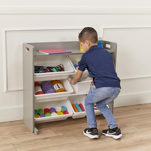 ECR4Kids 3-Tier Organizer with Shelf and 9 Removable Plastic Bins, 3x3, Toy Storage, Grey/White