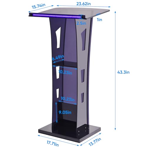 Acrylic Podium Stand with Led Light, Clear Podium with Storage Shelf, Portable Lecterns Pulpit for Church Wedding Classroom Conference Floor Standing Style, Slanted Top