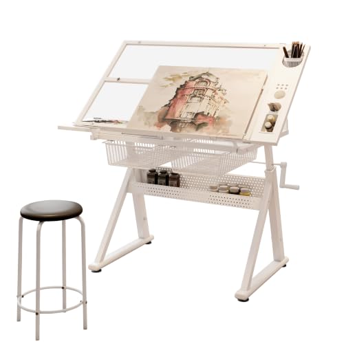RIGO Hand Crank Adjustable Drafting Table, Tempered Glass 0‑70° Tilting Drawing Desk with Stool & Metal Storage Drawers for Artist Home Studio