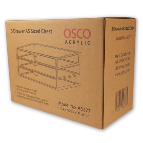 OSCO Medium Clear Acrylic 3 Drawer Chest | A5 | Pin storage | Jewellery | Paperclips | Crayons | Pens | Pencils | Small Stationery | H11 x W23 x D17 cm |