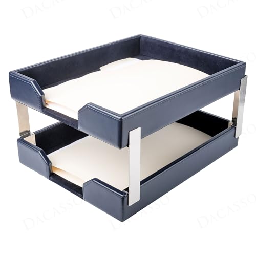Dacasso Navy Blue Bonded Leather Front-Load Double Letter Tray Set w/Silver Stacking Posts - Luxury Executive Décor and Office Essential - Desk Surface Protector