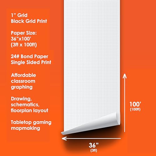 Geyer Instructional 1 Inch Graph Paper Roll – 36” x 100’ Black Grid, Large Format Blueprint Paper, 24 lb Bond for Classroom, STEM, Math & Design Projects