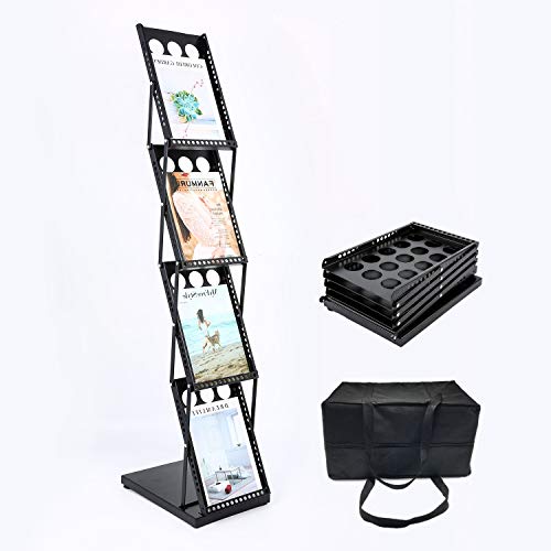 Polmart Portable Floor Display Rack for Magazines, Brochures & Flyers (Adjustable 4-Tier, Black)