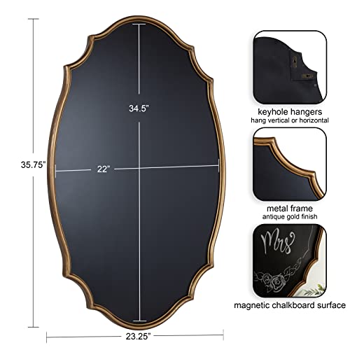 Kate and Laurel Leanna Decorative Scalloped Metal Chalkboard; 24 x 36; Gold; Framed Rounded Oval Vintage Chalkboard for Unique Display; Organization; and Decor