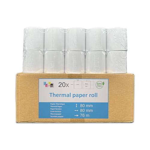 Refill of 20 Rolls Thermal Paper for Cash Register Standard Cash Register Roll 80 x 80 Mandrel 12 mm Thermal Paper 50 g for Cash Register Printer Thermal Balance