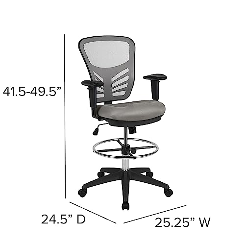 Flash Furniture Mid-Back Mesh Drafting Chair, with Arms, Light Gray
