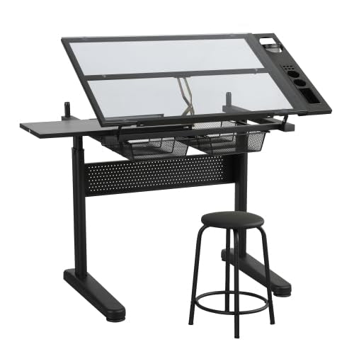 Donext Height Adjustable Drafting Table with 2 Drawers and Stool,Black