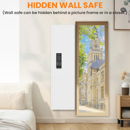 Omethey 53.15" Wall Safe Between the Studs, Hidden Safe with Dual Alarm System and Silent Mode, Wall Gun Safe with 3 Adjustable Shelves and Magnetic Slot (White-Digital)