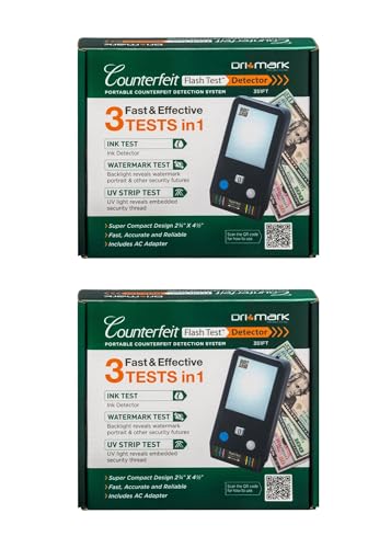 Dri Mark Flash Test 2 Pack Counterfeit Bill Detector, 3 Easy Tests in One Small Device, Watermark, Ink, Security Strip, Fast Money Checker, Fake Currency Detection Machine, Maintenance Free - 2 Pack