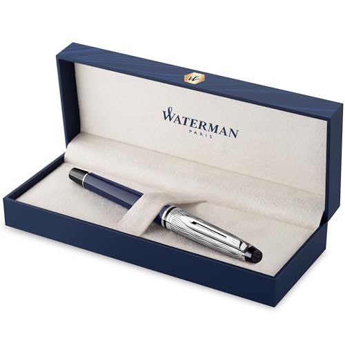 Waterman Expert Rollerball Pen | Metal & Blue Lacquer | Chiselled Cap | Black Ink | Gift Box