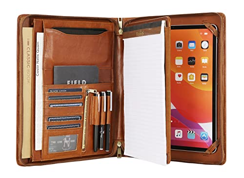 Leather Portfolio for 12.9 inch iPad Pro (2018/2020/2021/2022), Leather Padfolio Organizer with Ipad Holder for Letter Size Notepad, Personalized Portfolio for Men/Women (Brown, Non-Custom)