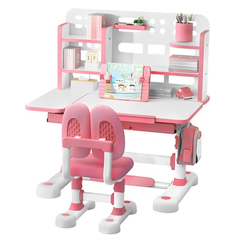 Kid's Study Desk and Chair Set, Height Adjustable Children's Desk with 50-Degree Tiltable Desktop, Bookshelf & Storage Drawer, Ergonomic Study Table Set for Bedroom (Pink)