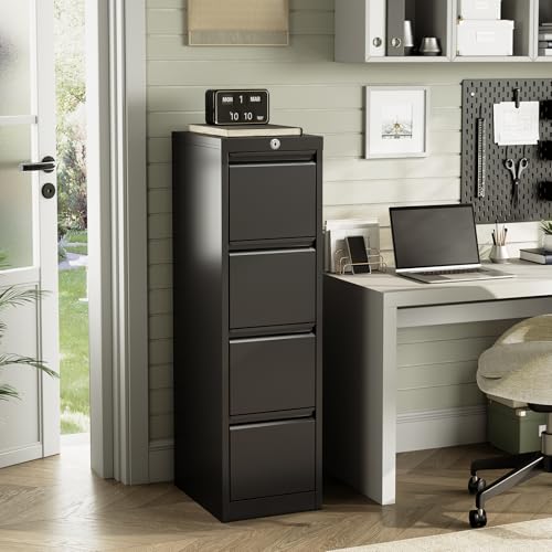 FinerFurnis 4-Drawer Metal File Cabinet with Lock - Heavy Duty Vertical Filing Cabinet for Letter, Legal, A4, F4 Documents - Secure Home Office Storage - Color: Black